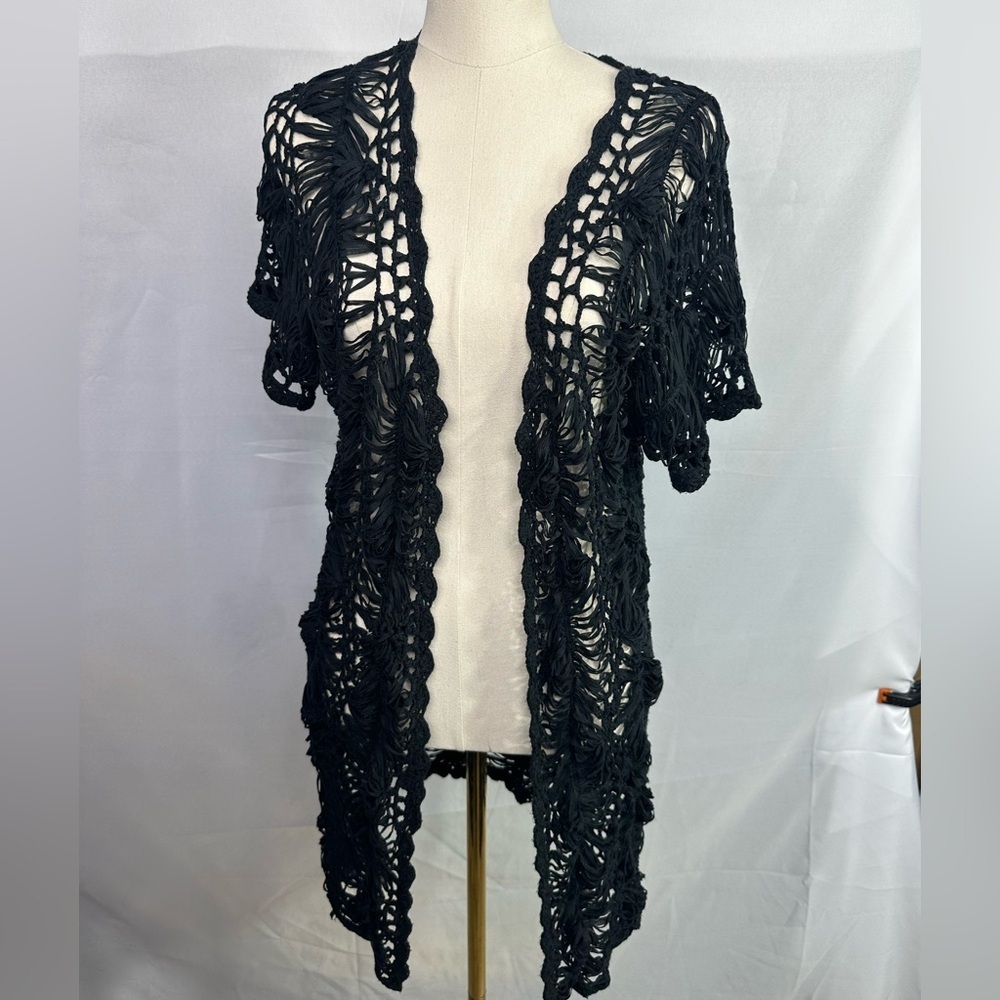 KAKTUS Black Crochet Open-Front Cardigan size L pre owned Exellent condition